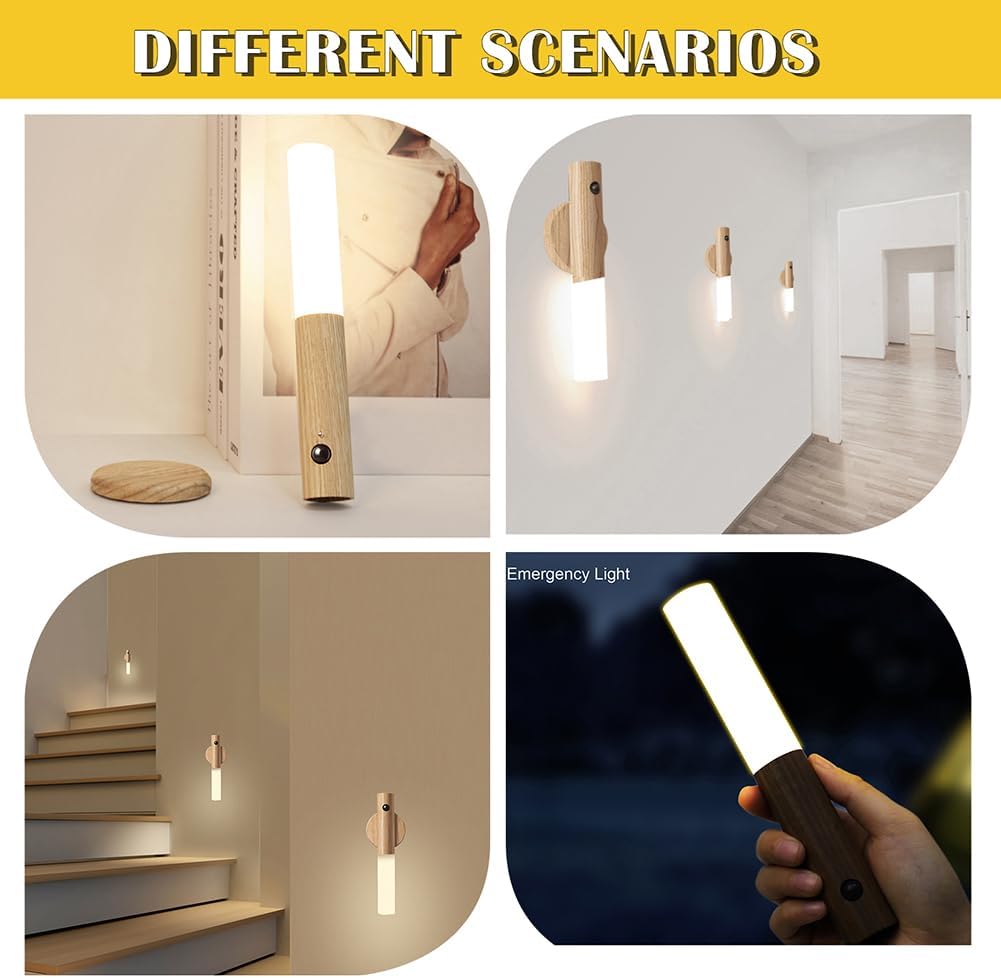 Elevate Your Ambiance: LANDGOO Motion Sensor Night Lights - Rechargeable LED Lights with Magnetic Body Sensor, Portable Stairway Lights, Battery Powered (White Ash Wood, Set of 2)