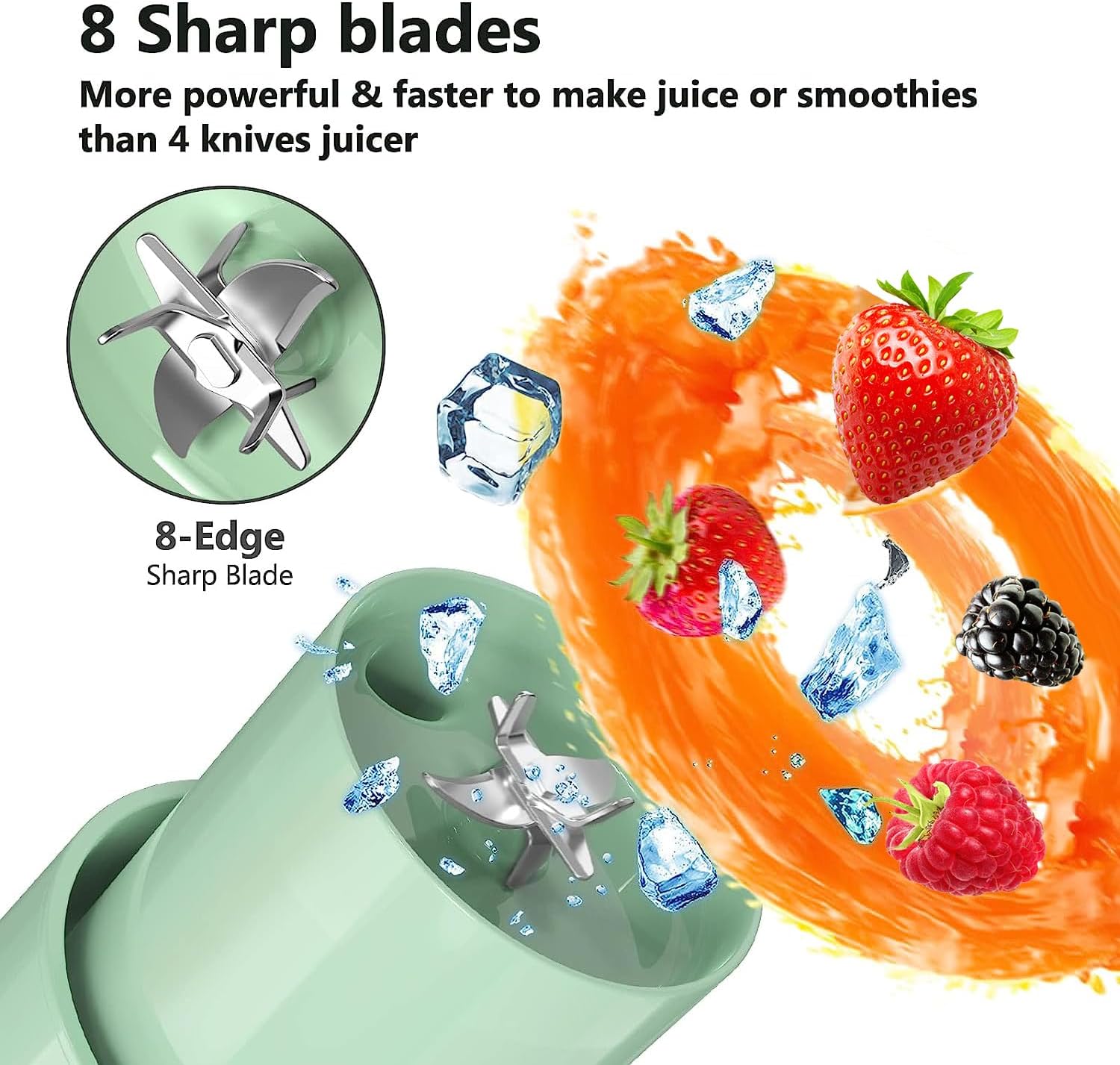 Effortless Smoothies Anywhere: Portable Blender with Ice-Crushing Power, 8 Blades, and Easy Cleaning - Includes Charger, Straw, and Cleaning Brush!