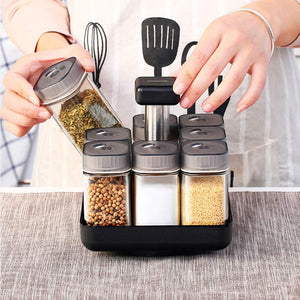 Elevate Your Kitchen Organization: Carousel Spice Salt Shelf with Glass Condiment Set - Premium Pepper Shakers Organizer for Elegant Sauce Bottles