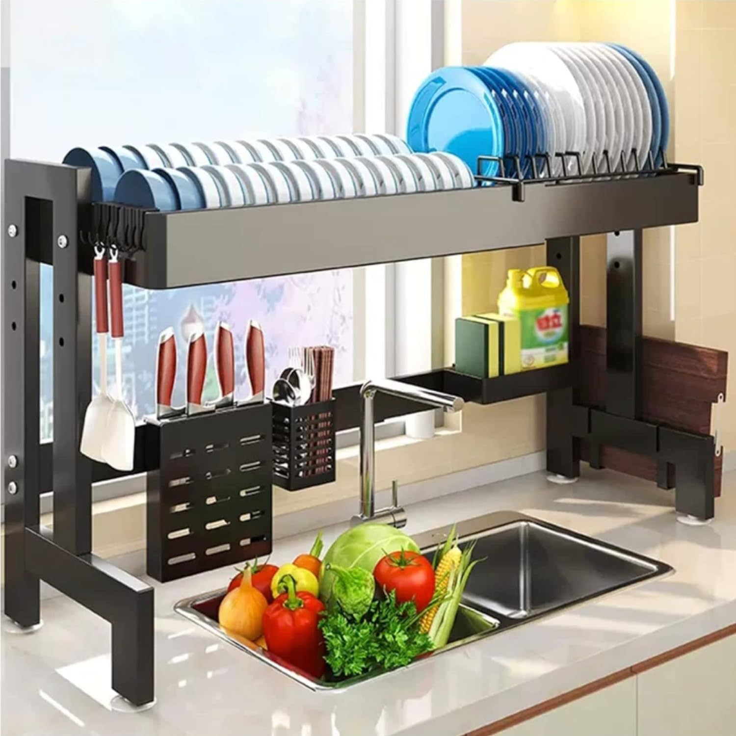 Efficient Kitchen Space Saver: Adjustable Over-The-Sink Dish Drying Rack with 2 Tiers