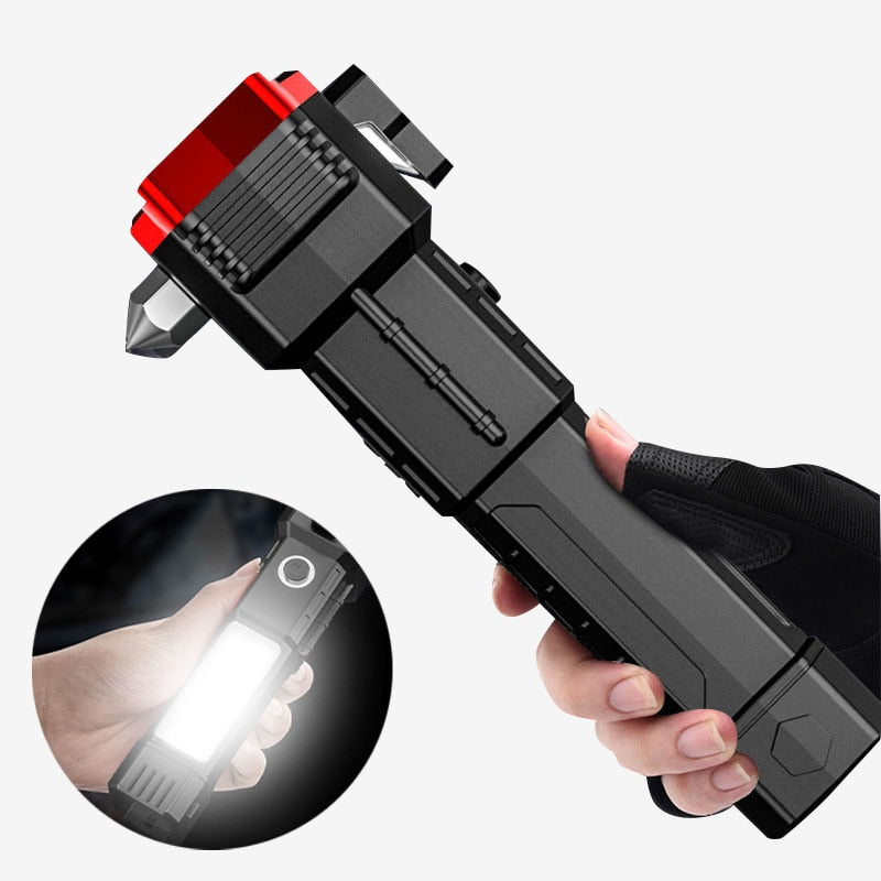 Multi-functional LED Flashlight COB Safety Hammer Lifesaving USB Charging With Magnet Emergency Life-saving Camping Flashlight